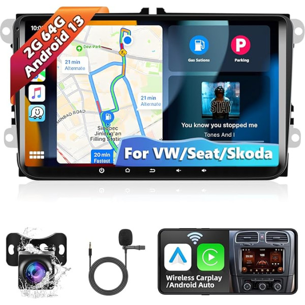 Podofo Android 13 Auto radio VW 9 collu 2GB + 64GB skārienjūtīgais ekrāns Carplay Android auto skārienjūtīgais ekrāns ar GPS navigāciju WiFi Bluetooth Hifi USB USB FM RDS EQ Radio + atpakaļgaitas kamera