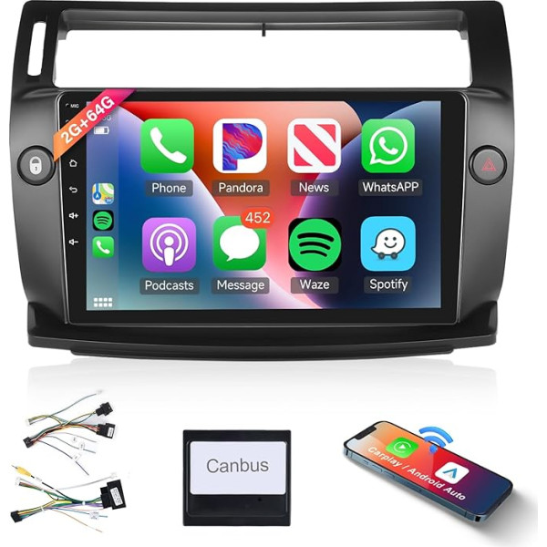 Podofo Carplay auto radio Citroen C-Quatre 2008-2011, 9 collu skārienjūtīgais ekrāns, auto radio 2G+64G ar bezvadu Carplay Android Car, Bluetooth/GPS/WiFi/FM/RDS/SWC/HiFi/USB+atgriešanas kamera