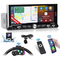 Inefala 1 DIN autoradio ar bezvadu Carplay un Android Car, 6,9 collu ekrāns ar Bluetooth, Mirror Link, RDS FM atbalsts, stūres vadība, ekvalaizers, USB, C tipa, aizmugures skata kamera