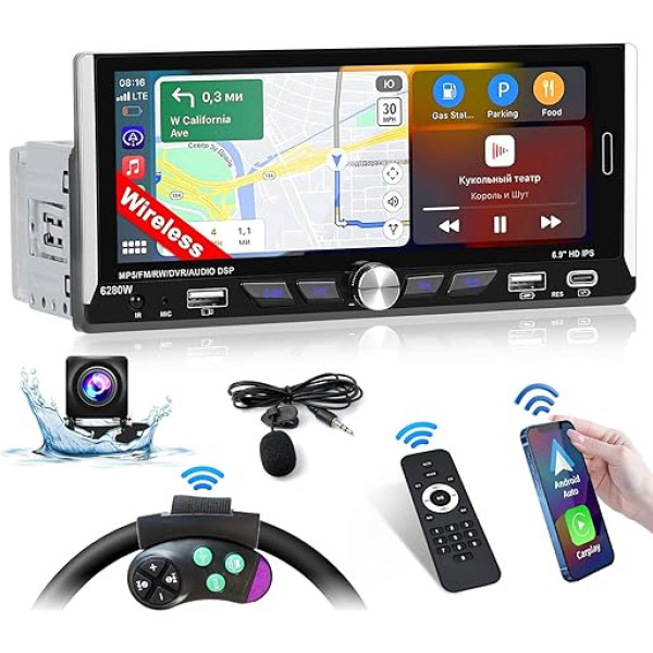 Inefala 1 DIN autoradio ar bezvadu Carplay un Android Car, 6,9 collu ekrāns ar Bluetooth, Mirror Link, RDS FM atbalsts, stūres vadība, ekvalaizers, USB, C tipa, aizmugures skata kamera