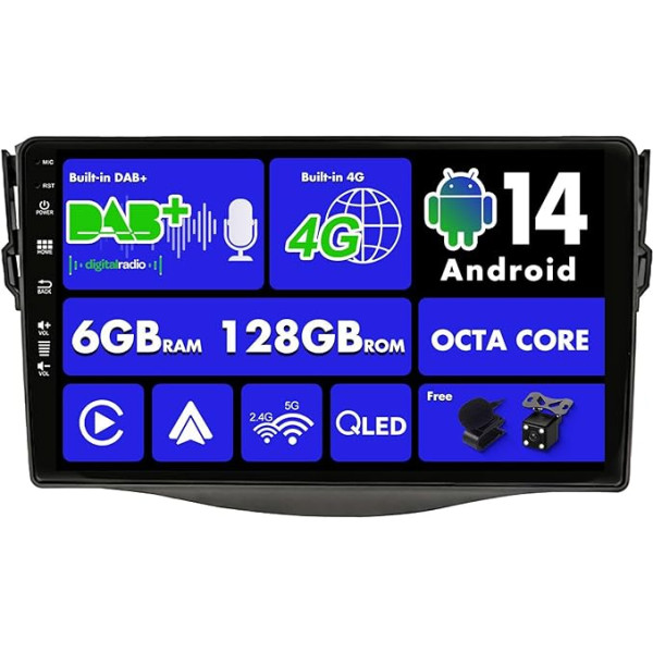 SXAUTO [Iebūvēts 4G / DAB] Android 13-6G+128G - Autoradio Toyota RAV4 (2007-2012) - Iebūvēts Carplay/Android Car - Kamera + MIC - DSP 360-CAM stūres kontrole Fast Boot HDMI - 2 DIN IPS 9