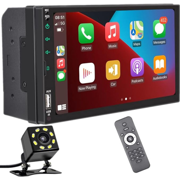 Automašīnas radio Bluetooth saderīgs ar bezvadu Carplay Android automašīnas Dual DIN 7 collu skārienjūtīgā ekrāna turētājs Automašīnas radio FM AUX IN SWC USB TF karte Spoguļa saite Android/iOS ar aizmugures skata kameru