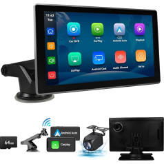 Pārnēsājams bezvadu Apple Carplay/Android auto ekrāns 9 collu IPS skārienjūtīgais ekrāns ar 4K Dash Cam un 1080P aizmugures skata kameru, balss vadība, BT, FM, Mirror Link visiem transportlīdzekļiem