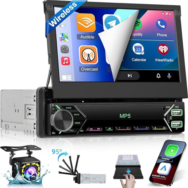 NHOPEEW 1 DIN 7 collu izvelkamais auto radio ar bezvadu Carplay Android auto radio atbalsts Mirror Link FM stūres kontrole + atpakaļgaitas kamera un mikrofons