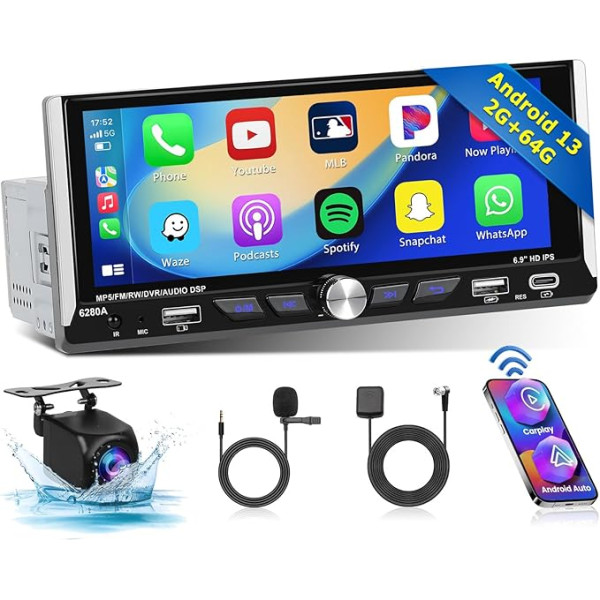 Hikity [2+64G Android 13 Auto radio 1 DIN ar bezvadu Carplay Android auto, 6,9 collu skārienjutīgais displejs, auto radio ar ekrānu Bluetooth brīvroku komplekts GPS WiFi FM RDS Mirror Link atpakaļgaitas kamera