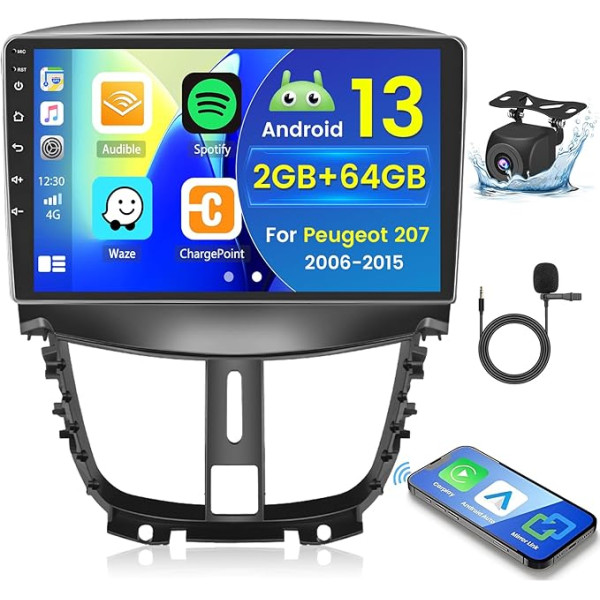 2+64GB Android 13 Auto Radio Peugeot 207 2006-2015 Radio Wireless Carplay Android Car, 9 collu IPS Touch Screen Radio ar atpakaļgaitas kameru, Bluetooth, Navi, WiFi, DSP, EQ, Mirror Link