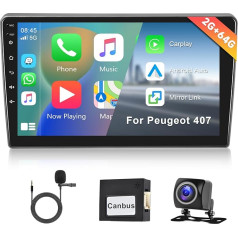 Hodozzy 2G + 64G Android auto radio Peugeot 407 2004-2008 Bezvadu Carplay Android automašīnai, 9 collu skārienjūtīgais ekrāns ar GPS navigāciju WiFi Bluetooth Mirrorlink HiFi FM RDS Canbus ar atpakaļgaitu