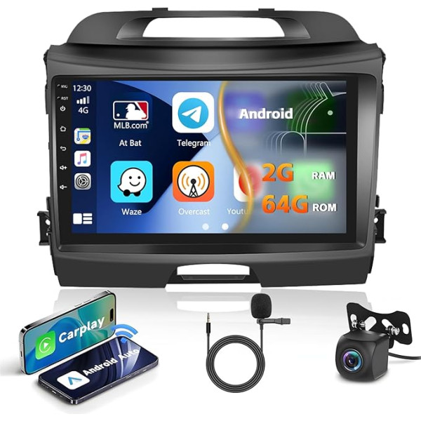 Inefala priekš Kia Sportage 2010-2016 Automašīnas radio 2 DIN Android ar bezvadu Carplay un Android Car, 9 collu skārienjūtīgais ekrāns Radio Android GPS Bluetooth WiFi HiFi USB Radio RDS Mikrofons, aizmugures skata kamera