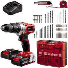 Einhell akumulatora triecienurbjmašīna TE-CD 18/2 Li-i +64 (2 x 2,0 Ah) Power X-Change (Li-Ion, 18 V, 44 Nm, 2 ātrumu pārnesumkārba, komplektā ietilpst 2x 2,0 Ah akumulatori, lādētājs, koferis, 64 gab. piederumu komplekts)