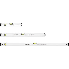 PRO 600 līmeņrāžu komplekts no 3 daļām - garumi 40, 80, 120 cm - precīzs līmeņrādis ar 2 % slīpumu - ergonomisks profils un ERS+ (viegla nolasīšanas sistēma) - triecienus absorbējoši uzgaļi - balta krāsa