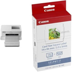 Canon SELPHY CP1500 Mini fotoprinteris (drukā līdz pastkartes izmēram 10 x 15 cm, USB-C, Wi-Fi, bezvadu) Balts, mazs un KC-18 IS 5 x 5 cm uzlīmju papīrs Selphy printeriem