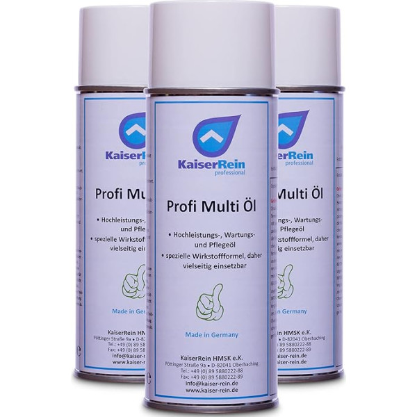 KaiserRein Professional Multi Oil 3 x 400 ml Universāla eļļa Multi-Spray Lubricant Oil Eļļa mājsaimniecībai Eļļa novērš čīkstēšanu, eļļo, smērē, smērē, eļļo durvis, skapjus, slēdzeņu cilindrus utt.