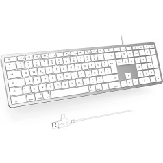 Vācu QWERTZ iMac tastatūra tikai Mac OS/iOS, sudraba un balta, ar vadu un C/USB tipa pieslēgvietu, vācu QWERTZ iMac tastatūrai, tikai Mac OS/iOS