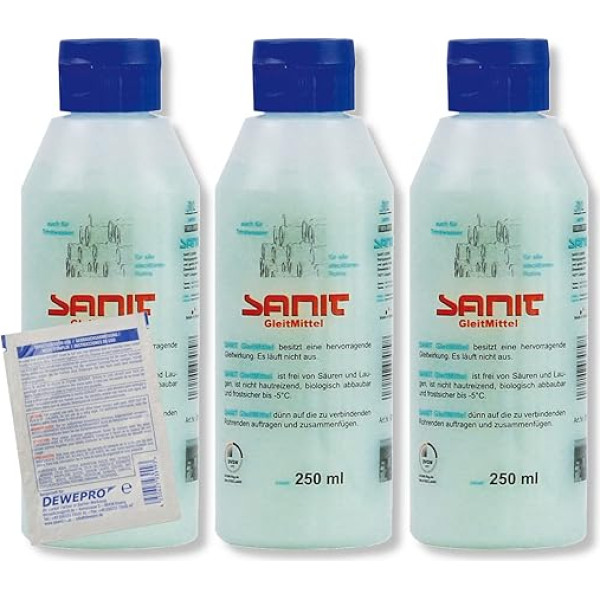 DEWEPRO komplekts: SANIT smērviela (3079) - 3 pudeles pa 250 ml - sertificēts DVGW - ideāls smērviela visu cauruļu savienojumu montāžai, ietilpst 1 Dewepro® vienreizēja skrubiņa.