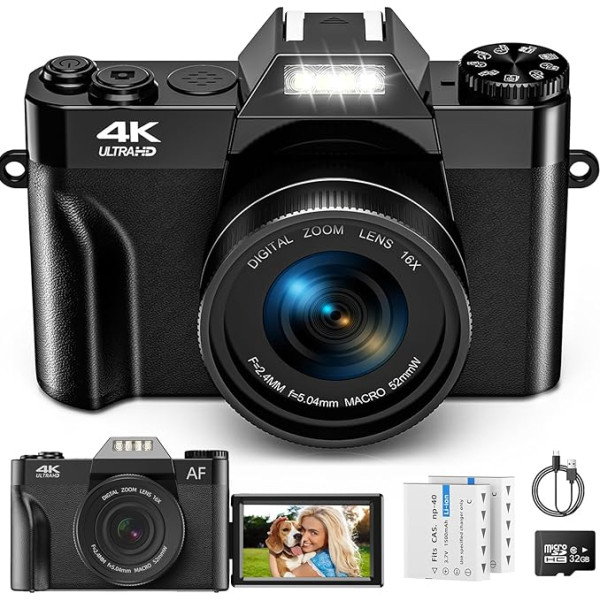 Digitālā kamera, 56 MP 4K fotokamera ar 180° Flip 3,0 collu ekrānu, 16X autofokusa kompaktā kamera ar 32G SD karti un divām 1500 mAh baterijām bērniem, pieaugušajiem, vecākiem iesācējiem