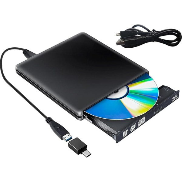 PAPOIYA Ārējais Blu Ray CD DVD disks USB 3.0 C tipa ārējais DVD Blu-ray CD/DVD RW ROM Bluray disks portatīvajam datoram ar Windows 11/10 Mac MacBook (melns)