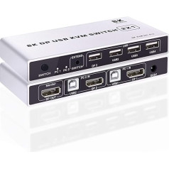 Tendak 2x1 DisplayPort KVM slēdzis USB 2 portu datora KVM slēdzis tastatūras peles slēdzis ar USB 2.0 HUB atbalstu 8K @ 60Hz 3D HDCP 2.2