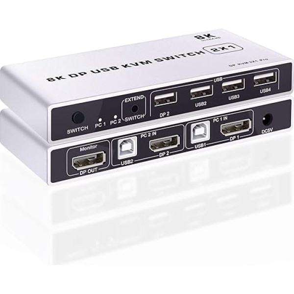 Tendak 2x1 DisplayPort KVM slēdzis USB 2 portu datora KVM slēdzis tastatūras peles slēdzis ar USB 2.0 HUB atbalstu 8K @ 60Hz 3D HDCP 2.2