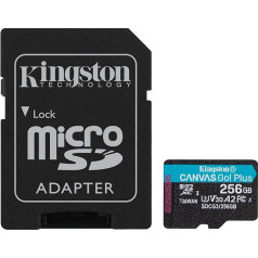 Kingston Canvas Go! Plus microSD 10. klases, UHS-I 256GB microSDXC 170R A2 U3 V30 atmiņas karte + adapteris