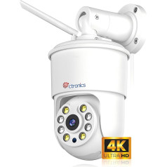 Ctronics 4K 8MP āra novērošanas kamera, WiFi, 2,4GHz/5GHz Dual Band WiFi PTZ IP kamera ar personas/braukšanas līdzekļa noteikšanu, automātiskā izsekošana, 355°/90° pagrieziena leņķis, krāsu nakts redzamība, IP66, Met