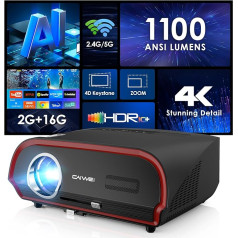 LED projektors 4K dienas gaisma Saderīgs ar 5G WiFi Bluetooth projektors LED mājas kino Native 1080P griestu āra 1100 ANSI LCD viedā Android TV projektors Netflix Airplay Keystone korekcija tālummaiņa