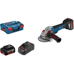 Bosch Professional 18 V sistēmas akumulatora leņķa slīpmašīna GWS 18V-10 PC (ieskaitot 2x akumulatoru GBA 18V 5.0Ah, GAL 1880 CV, montāžas atloku, aizsargvāciņu, papildu rokturi, ātrās noņemšanas uzgriezni, L-Boxx kārbu