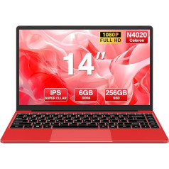 WOZIFAN klēpjdators 14 collu dators Win11 256GB piezīmjdators Atbalsta paplašinājums 1TBSSD 1080 FHD 2.4G+5G WiFi Bluetooth HDMI Bezvadu pele un vācu klaviatūras uzlīme Sarkans