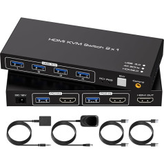 VPFET USB 3.0 KVM slēdzis HDMI 2 datori 1 monitors 4K60Hz KVM slēdzis 2 datoru 1 monitora un 4 USB 3.0 ierīču koplietošanai Atbalsta galddatora kontrolieri Komplektā ietilpst adapteris un 2 USB 3.0 kabeļi