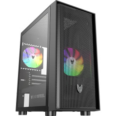 Oversteel - Aeris Gaming PC korpuss, saderīgs ar Micro ATX un ITX platēm, 2 120 mm RGB ventilatori, sieta priekšējā daļa, 2 putekļu filtri, rūdīts sānu stikls, USB 3.0, melns, melns