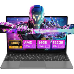 Auusda spēļu klēpjdators, 16 GB DDR4 RAM, 512 GB M2 PCIe NVMe SSD, AMD Ryzen7 5700U procesors, 15,6 collu Full HD piezīmjdators, aizmugurējā tastatūra, pirkstu nospiedumu lasītājs, HDMI, USB-C, plāns un viegls klēpjdators