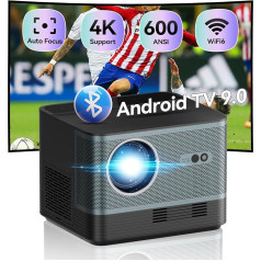 [Automātiskā fokusēšana] XJ-HOME I20 projektors ar 4K atbalstu, viedprojektors ar WiFi 6 un Bluetooth 5.2, klusais mājas kinozāles projektors 600 ANSI ar Android TV 9.0, āra filmu projektors ar HiFi duālajiem skaļruņiem