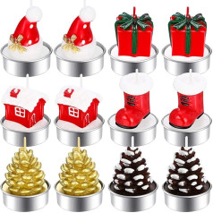 BBTO Pack of 12 Ziemassvētku tējas gaismas sveces Handmade Delicate Ziemassvētku sveces Priežu čiekuri Ziemassvētku cepure Stocking House Box Shape Candle Ziemassvētku mājas apdares sveces