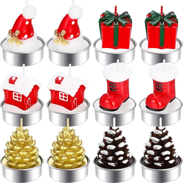 BBTO Pack of 12 Ziemassvētku tējas gaismas sveces Handmade Delicate Ziemassvētku sveces Priežu čiekuri Ziemassvētku cepure Stocking House Box Shape Candle Ziemassvētku mājas apdares sveces