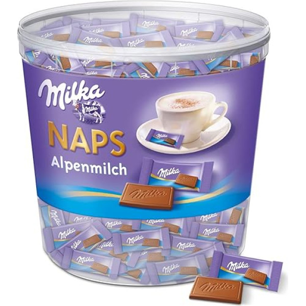 Milka Alpenmilch (Alpu piens) Naps, 1 x 1 g, mutē kūstošas mini šokolādes batoniņi, izgatavoti no smalka Alpu piena šokolādes, alva