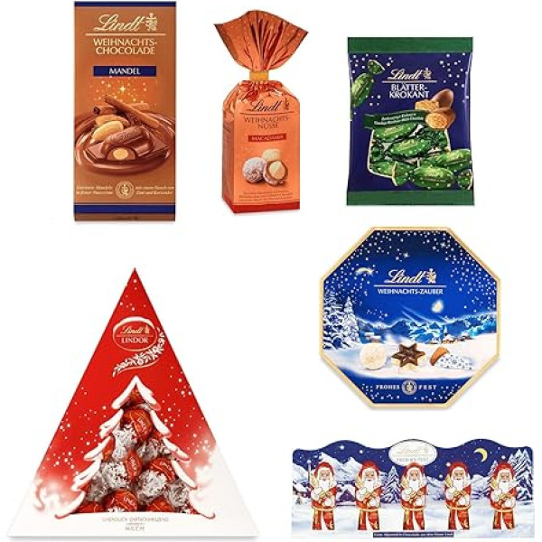 Lindt šokolādes Ziemassvētku komplekts | 627g | 6 gardas delikateses: Ziemassvētku vecīša, lapu krokanta, Ziemassvētku šokolādes un smalkākās šokolādes | Šokolādes dāvana Ziemassvētkiem