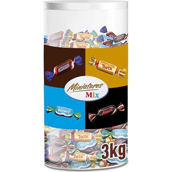 Miniatures Mix, Mars, Snickers, Bounty & Twix, Riegelklassiker im Mini Format, Milchschokoladen, Schokolade Großpackung, Party Mix, 296 Riegel, 1 x 3kg