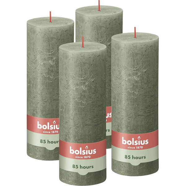 Bolsius Rustic Pillar Candles, olīveļļas zaļš, 4 gabali, 19 x 7 cm, degšanas laiks 85 stundas, bez aromāta, dabīgs augu vasks, bez palmu eļļas, Advente