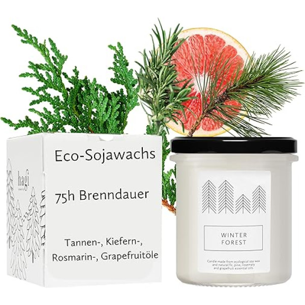 Hagi Ziemas meža aromātiskā svece stiklā, ziemas gaisa smarža, atsvaidzinošs skujkoku meža aromāts, degšanas laiks aptuveni 75 stundas, egļu eļļa un priežu eļļa, vegāns, ekoloģisks sojas vasks