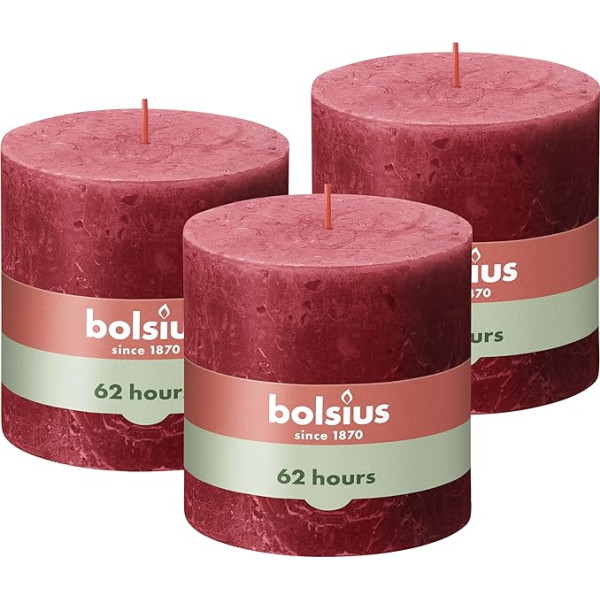 Bolsius Rustic Pillar Candle XXL, sarkana, 3 sveces, dekoratīvās mājas sveces, degšanas laiks 62 stundas, bez aromāta, dabīgs augu vasks, bez palmu eļļas, īpaši lielas, 10 x 10 cm