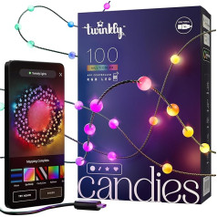 Twinkly Strings Pearls 100 LED Pearl Fairy Lights, RGB LED apgaismojums, daudzkrāsains, saderīgs ar Alexa un Google Home, spēļu gaisma, darbina USB-C, zaļš kabelis, 6 m