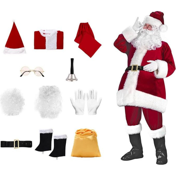 Licus Deluxe Santa Klausa kostīms, 11 gabali Ziemassvētku vecīša kostīms, pieaugušo kostīms, Cosplay ballīte, karnevāls