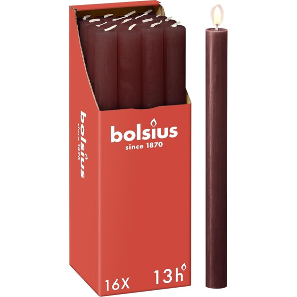 Bolsius Rustic Taper Candles, bordo krāsas, 16 gabali, 27 x 2,3 cm, degšanas laiks 13 stundas, bez aromāta, dabīgs augu vasks, bez palmu eļļas, Advente