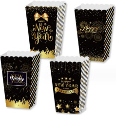 Dusenly Pack of 12 2024 Jaungada ballītes popkorna kastes Black Golden 2024 Jaungada vakara ballītes popkorna kārbas laimīgam jaunajam gadam piederumi