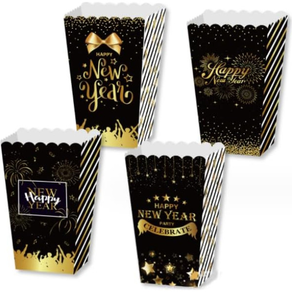 Dusenly Pack of 12 2024 Jaungada ballītes popkorna kastes Black Golden 2024 Jaungada vakara ballītes popkorna kārbas laimīgam jaunajam gadam piederumi