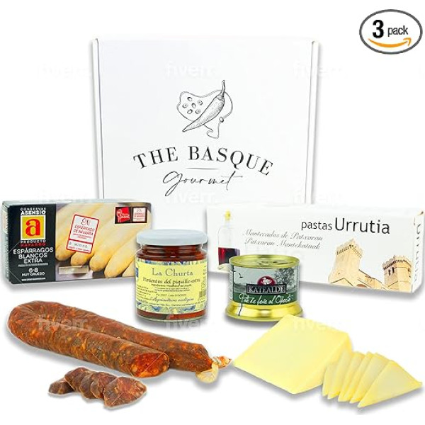 THE BASQUE Gourmet - Dāvanu komplekts - Svētku un Ziemassvētku dāvanu grozs ar sieru, sparģeļiem, pikiljo pipariem, Foie Godfather, mandeļu konditorejas izstrādājumiem, chorizo, sviesta cepumiem no anīsa brendija vīna - Deluxe