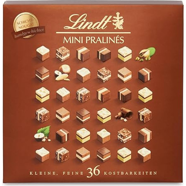 Lindt Nougat Mini šokolādes pralinē | 165 g | 36 šokolādes konfekšu kaste ar 9 izvēlētām izsmalcinātām šķirnēm | Šokolādes dāvanas | Iepakojums 1 gab.