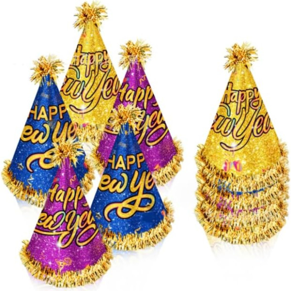 Dusenly 6pcs Bunte Happy New Year Hüte Glitzer Papier Hut Kopfbedeckung für 2024 Silvester Party Dekorationen