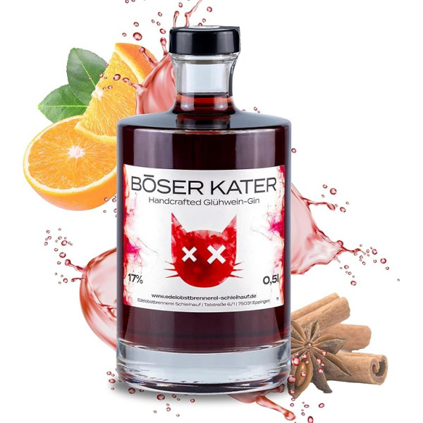 Böser Kater Glühwein Gin - Heiße Mieze, Glühpunsch trifft Gin, Ideal für winterliche Cocktails mit Geschmack, Die perfekte Geschenkidee, Handgemacht mit kleiner Auflage, 0,5l 17% Vol