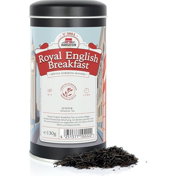 Hansefein Royal English Breakfast Black Tea Broken 130 g aromātiskā skārdenē Melnā tēja kā tējas dāvana vai tējas komplekts, lai baudītu perfektu tējas dāvanu komplektu tējas kastītē