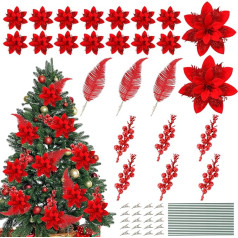 JULBEAR 25 gabali Poinsettia Glitter Mākslīgie ziedi un ogu lapas Ziemassvētku rotājumi Ziemassvētku vainagam, Ziemassvētku eglītei, mājas, kāzu, kāzu, svētku, Jaunā gada, ballīšu rotājumiem (sarkans)